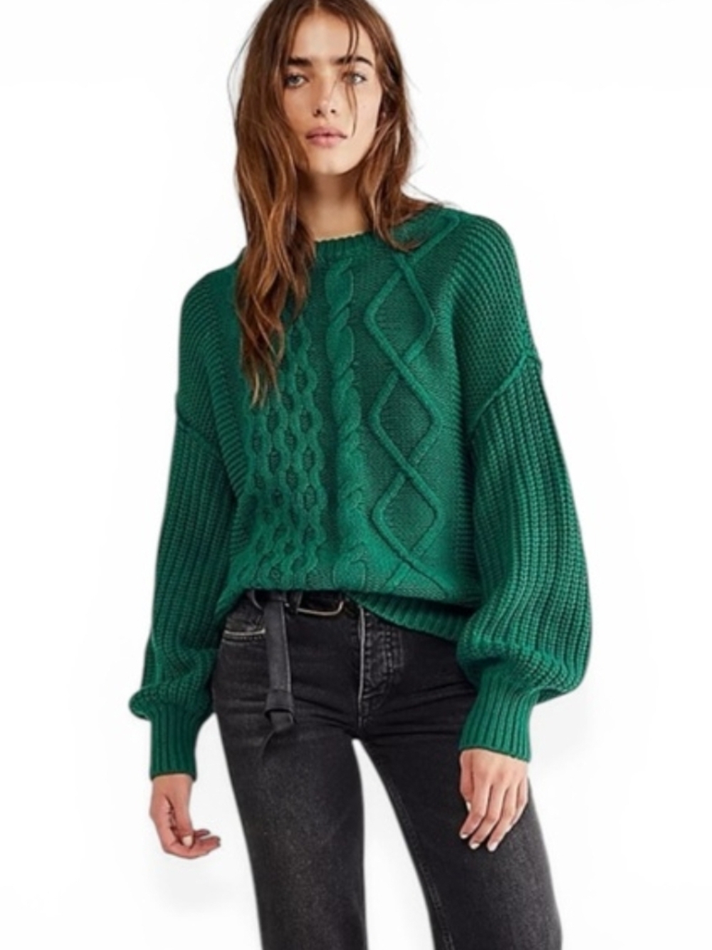 Free People Dream Cable Crewneck Oversized Chunky Knit Sweater Green Size XS